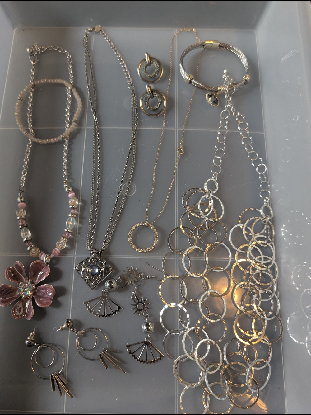 JEWELRY LOT OF 4 NECKLACES 2 BRACELETS, 3 EARRINGS - Silver and Pink Accents